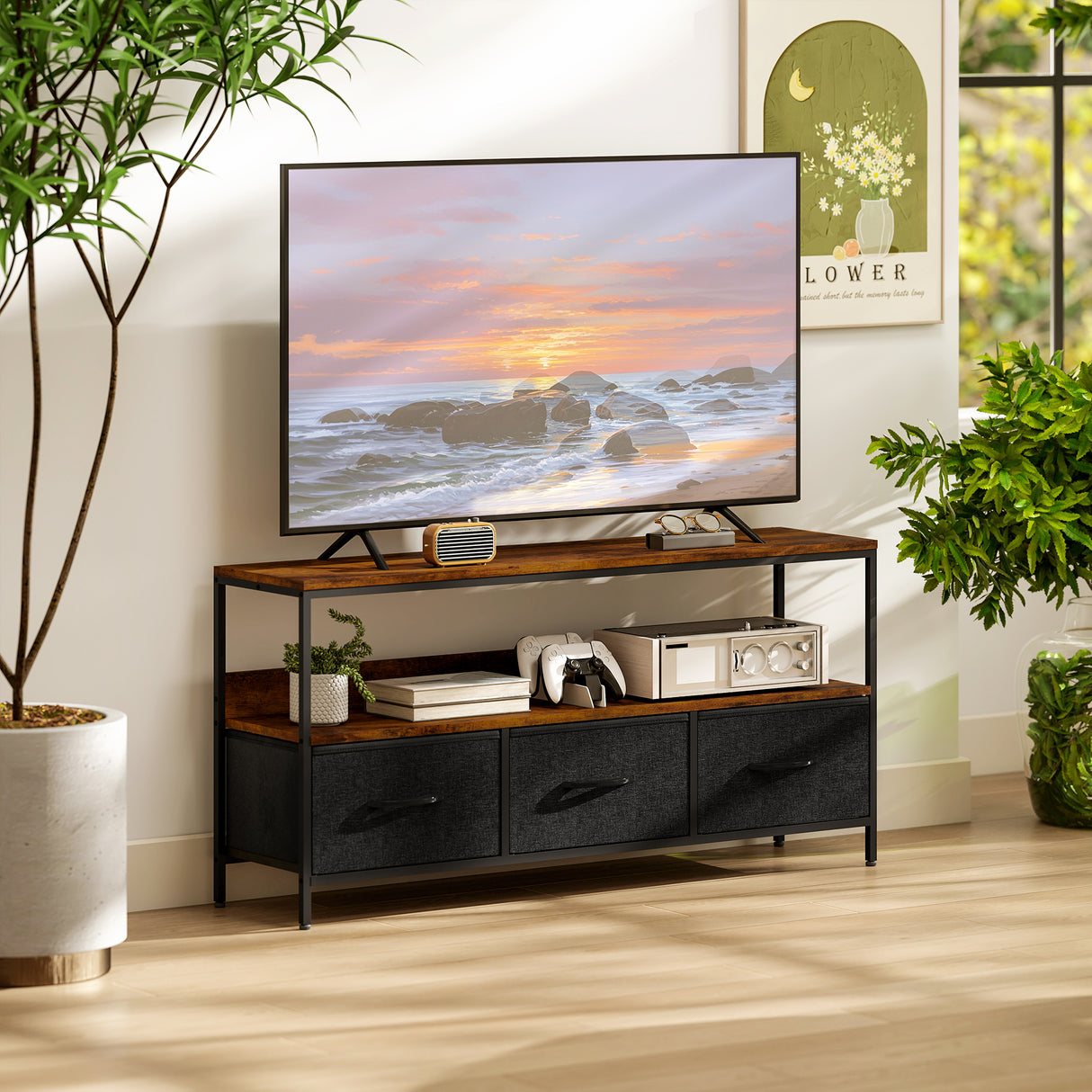 Particle Board TV Stand 120cm Wide With 3 Foldable Drawers - Velmora