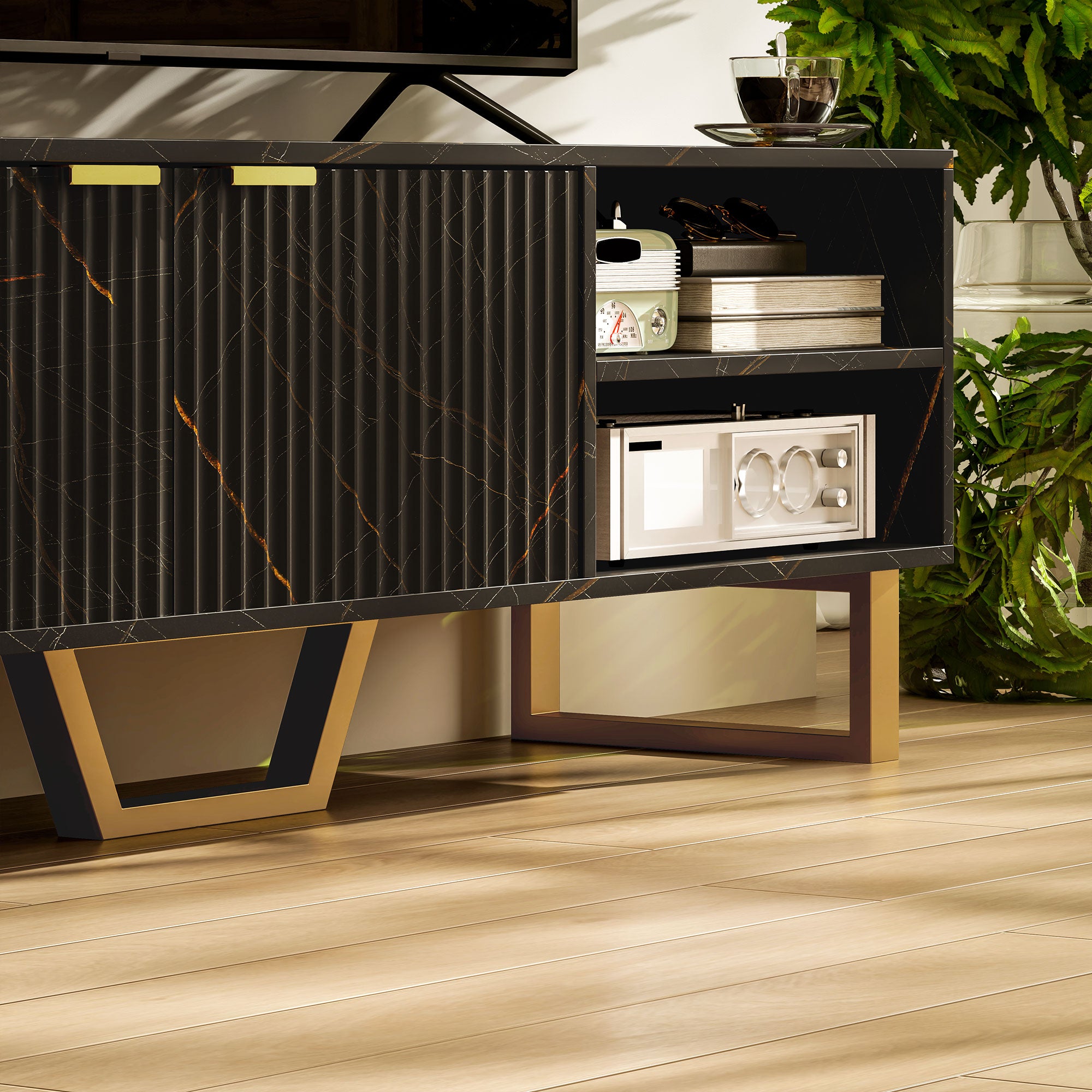 Particle Board TV Stand 140cm Wide With 2 Doors And Gold Legs - Velmora