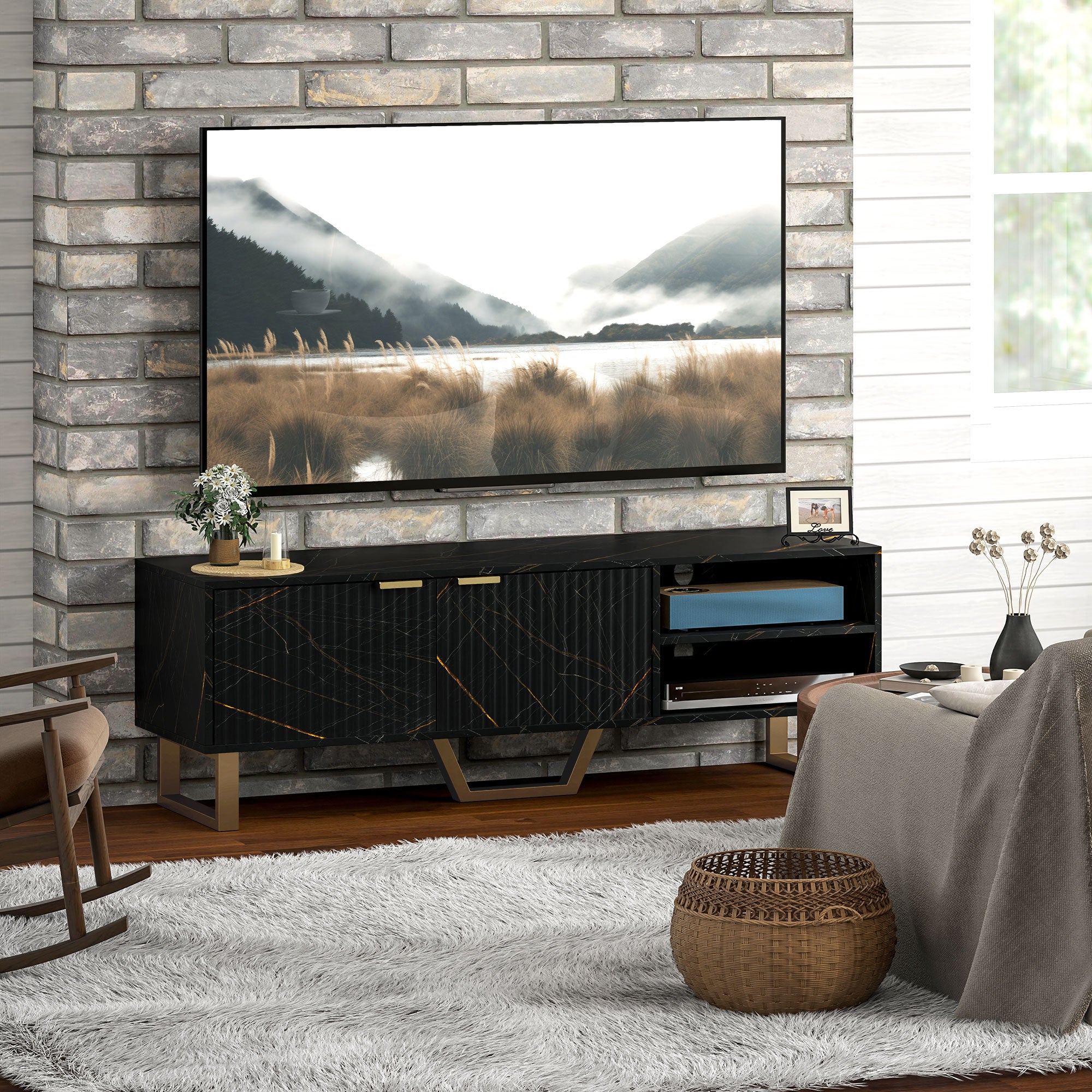 Particle Board TV Stand 140cm Wide With 2 Doors And Gold Legs - Velmora