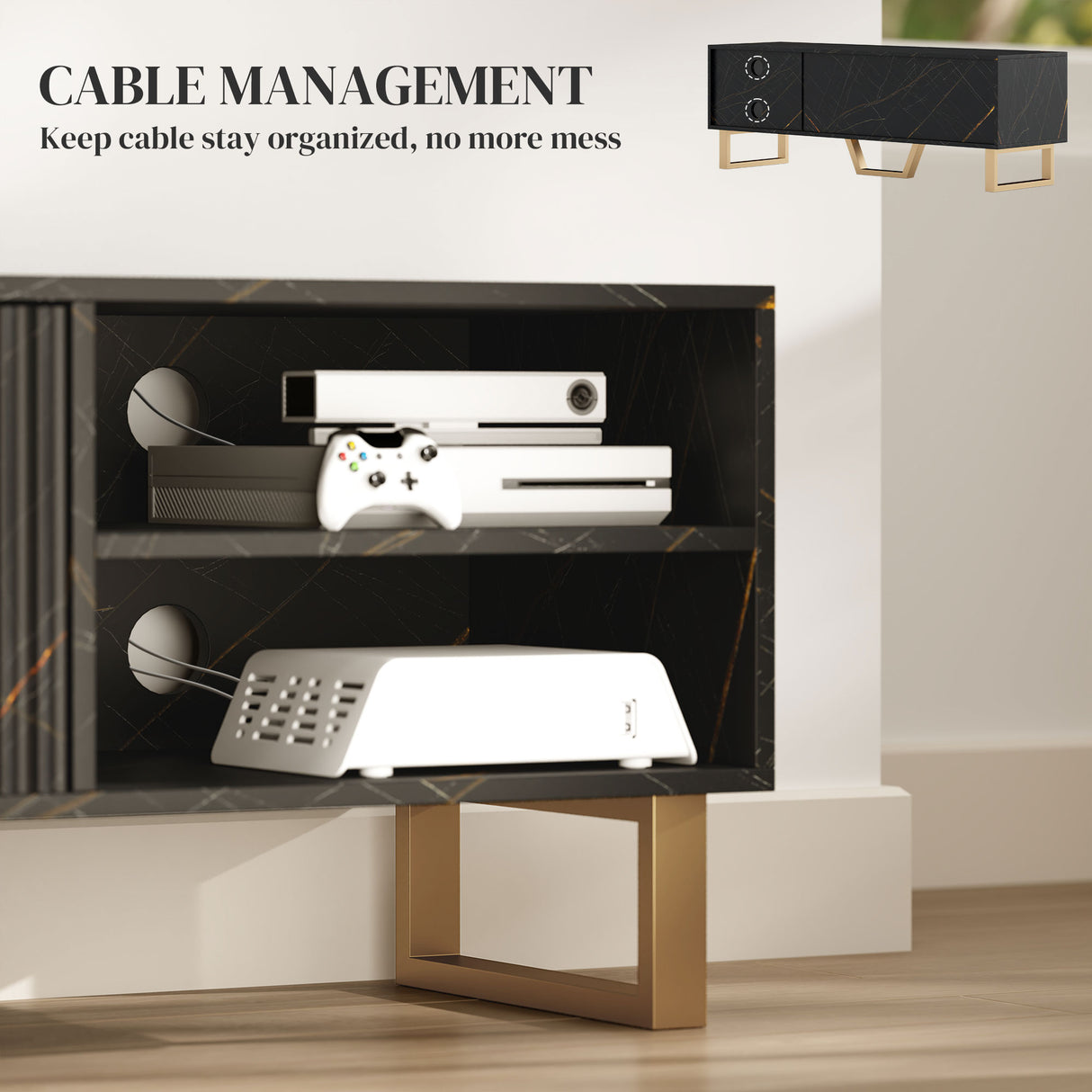 Particle Board TV Stand 140cm Wide With 2 Doors And Gold Legs - Velmora