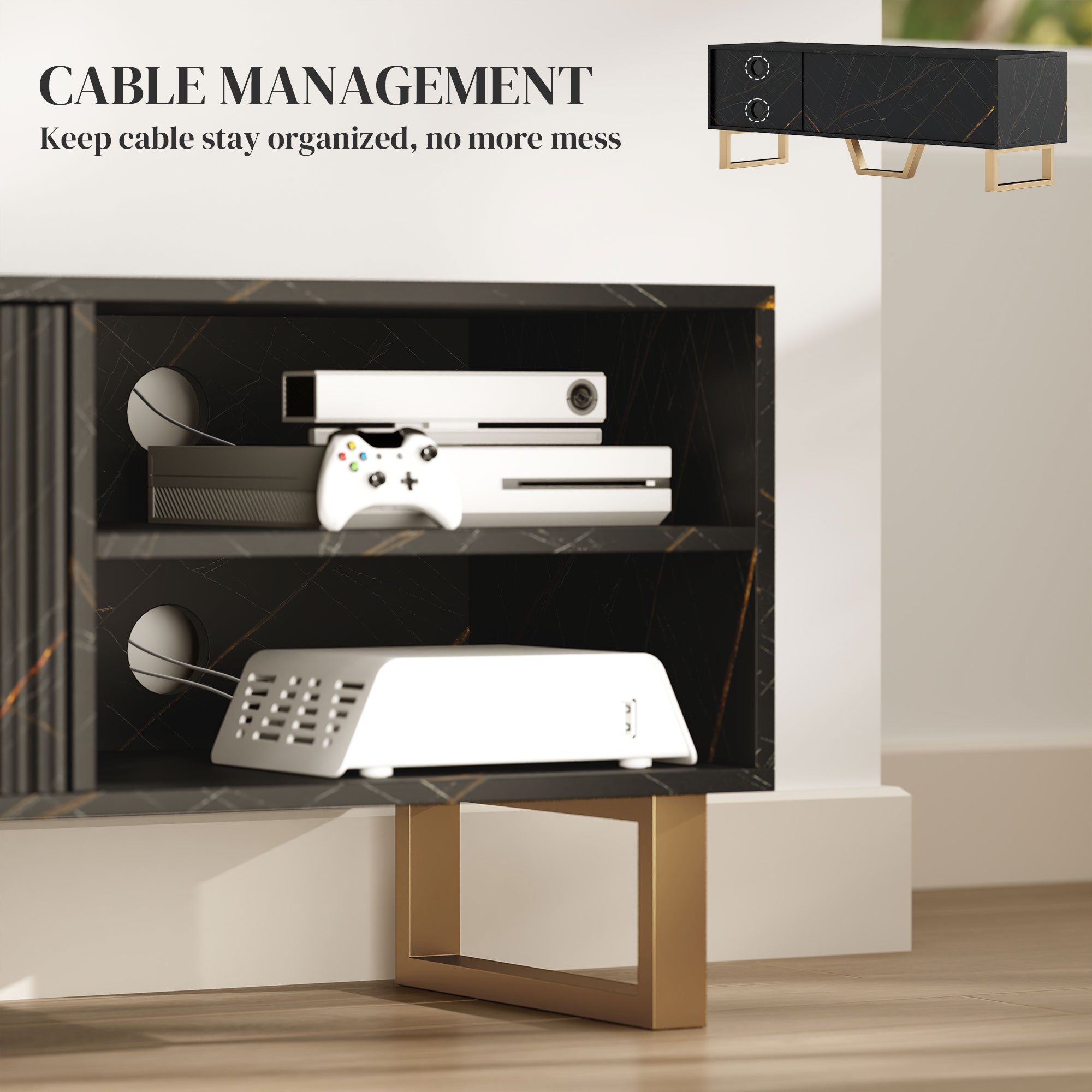 Particle Board TV Stand 140cm Wide With 2 Doors And Gold Legs - Velmora