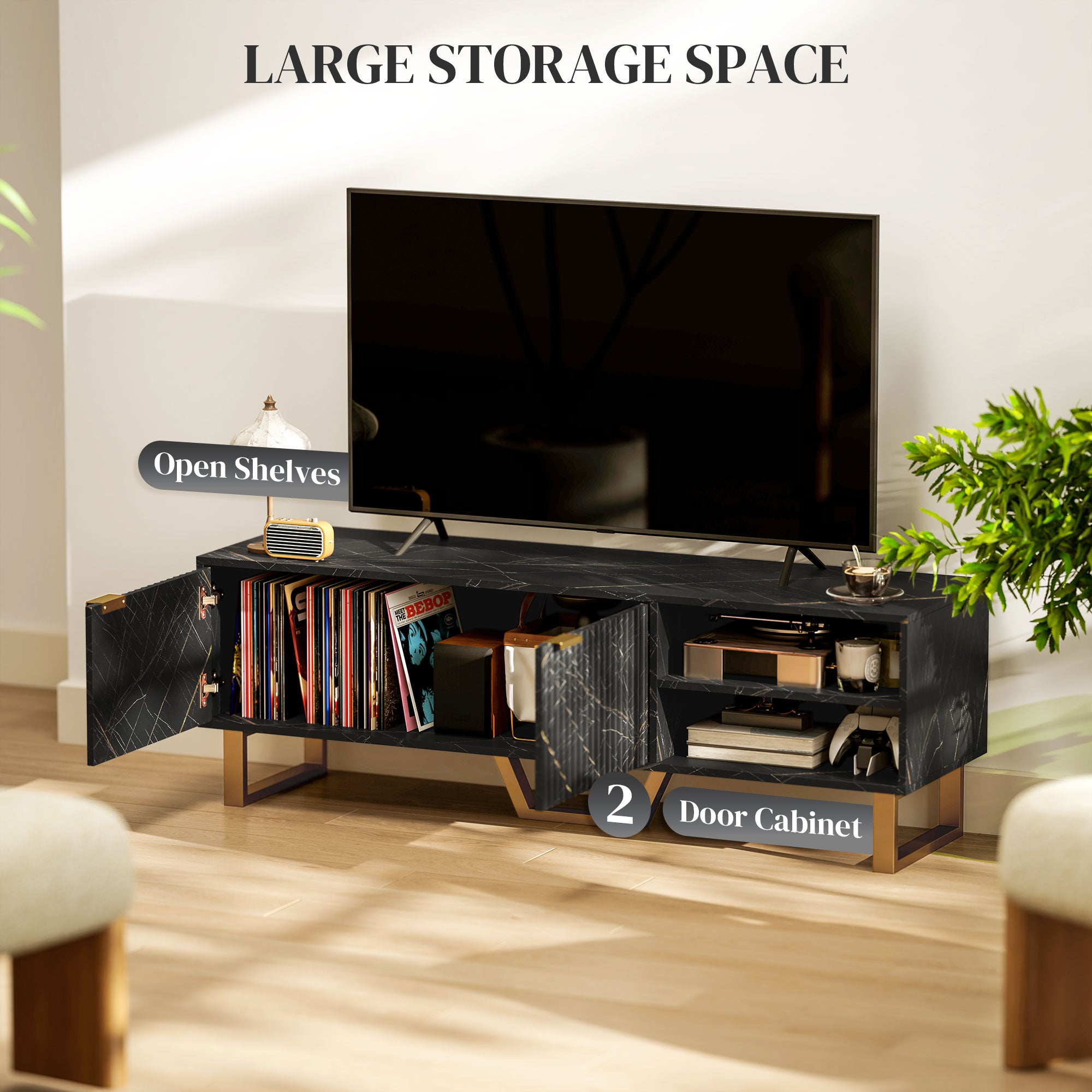 Particle Board TV Stand 140cm Wide With 2 Doors And Gold Legs - Velmora