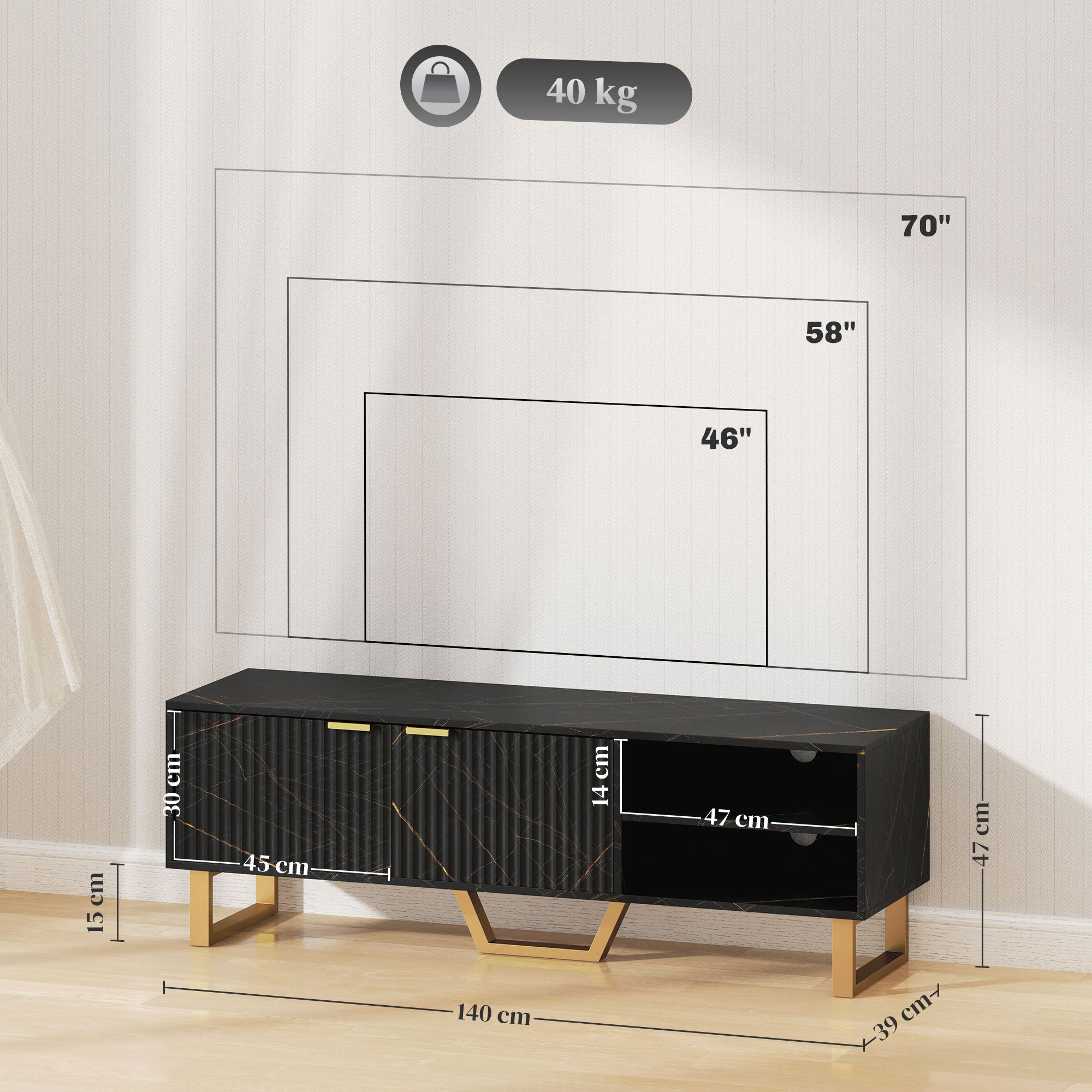 Particle Board TV Stand 140cm Wide With 2 Doors And Gold Legs - Velmora