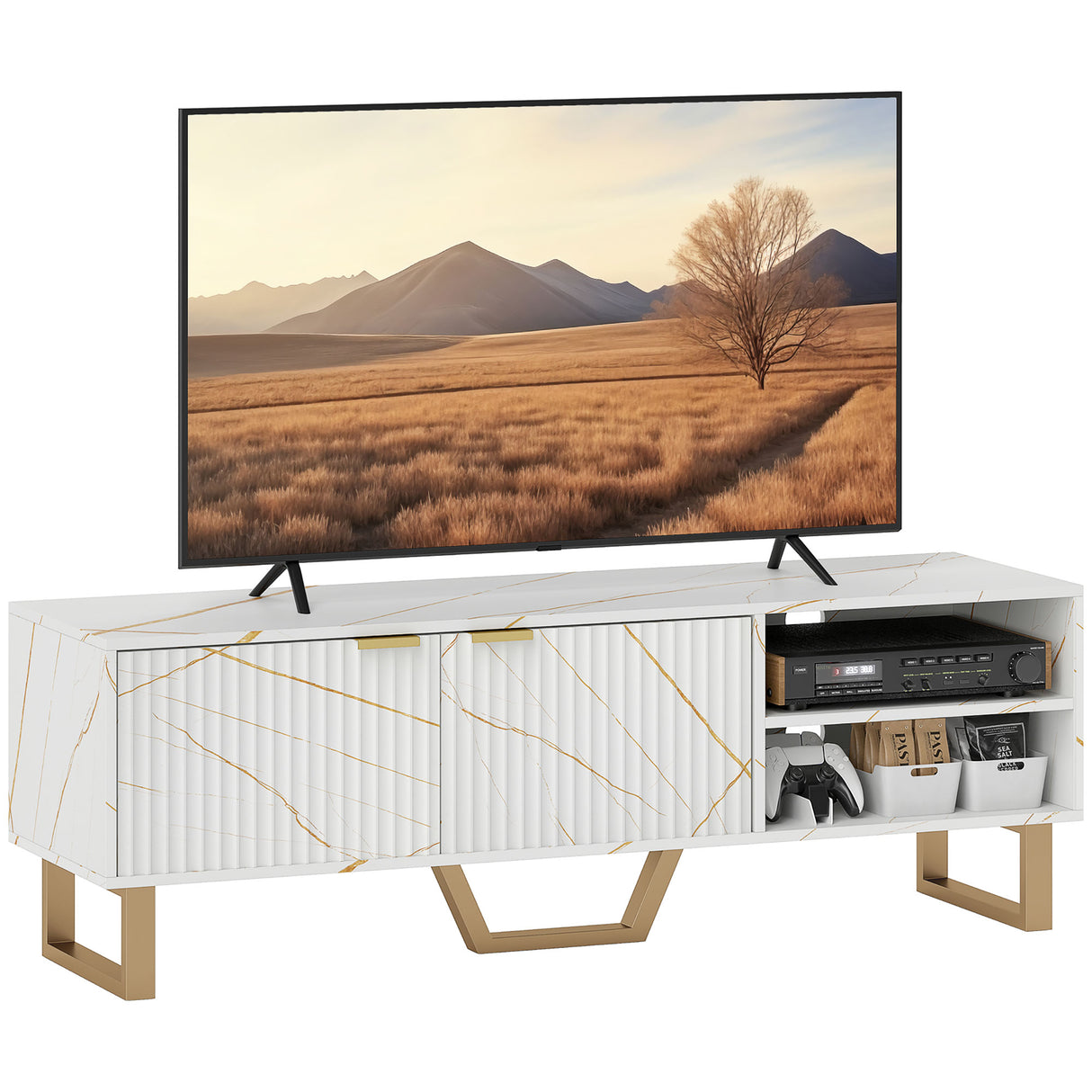 Particle Board TV Stand 140cm Wide With 2 Doors And Gold Legs - Velmora