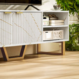 Particle Board TV Stand 140cm Wide With 2 Doors And Gold Legs - Velmora