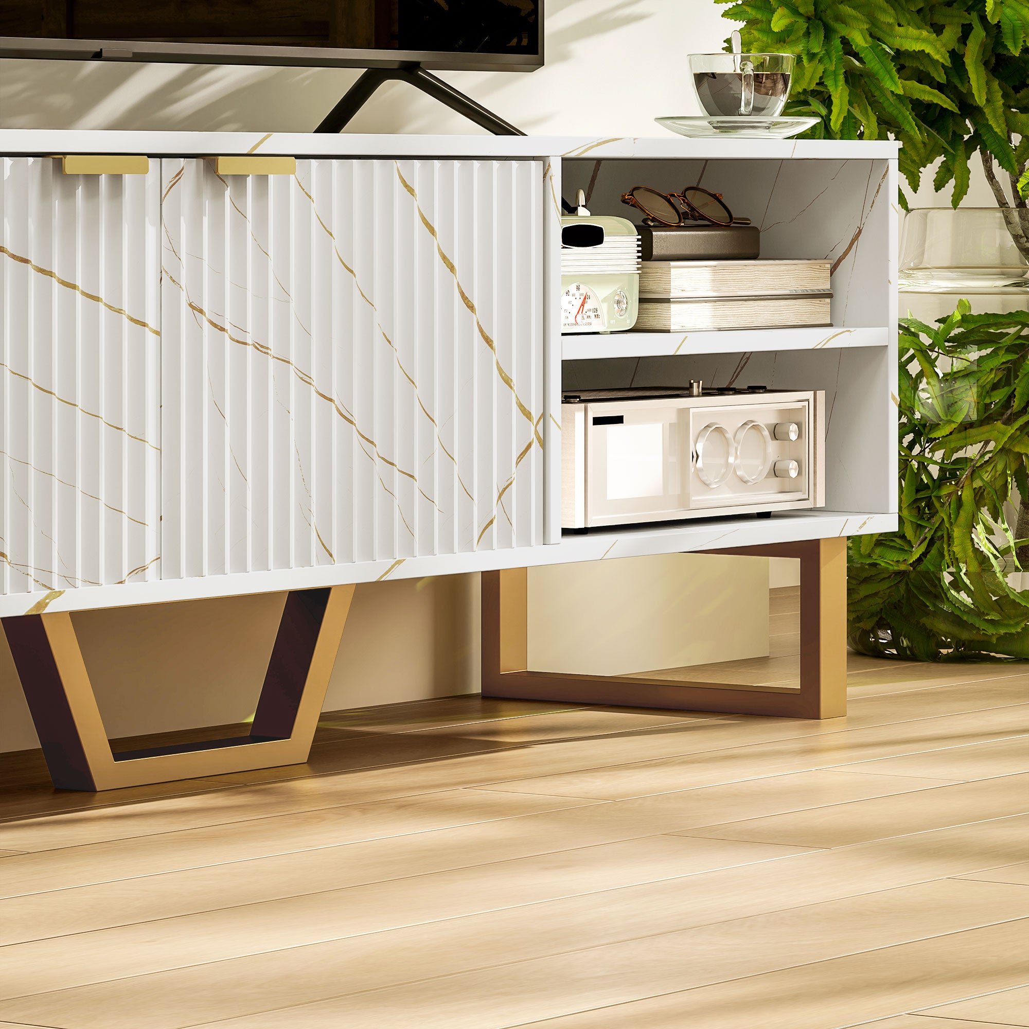 Particle Board TV Stand 140cm Wide With 2 Doors And Gold Legs - Velmora