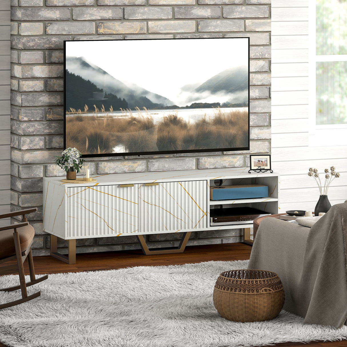 Particle Board TV Stand 140cm Wide With 2 Doors And Gold Legs - Velmora