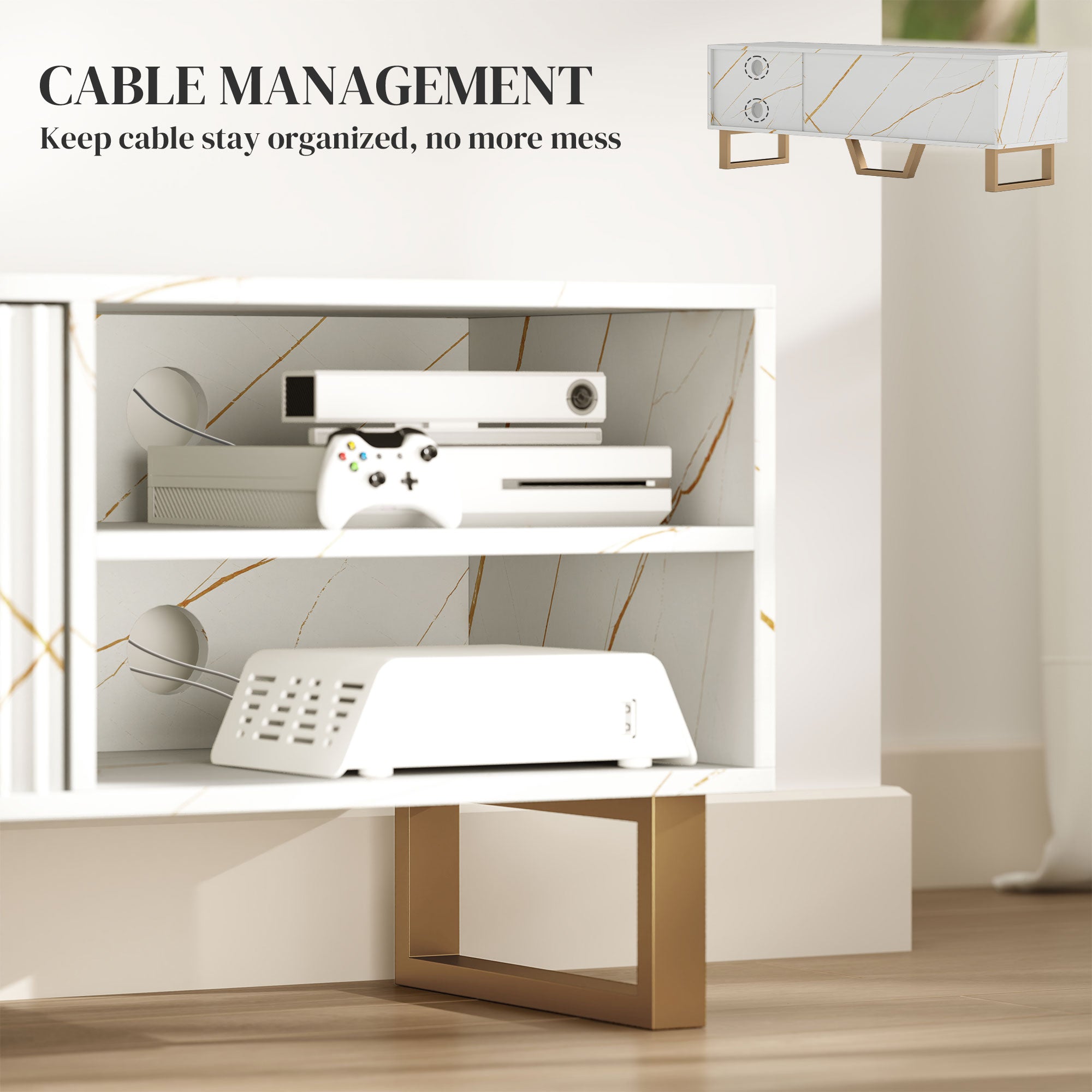 Particle Board TV Stand 140cm Wide With 2 Doors And Gold Legs - Velmora