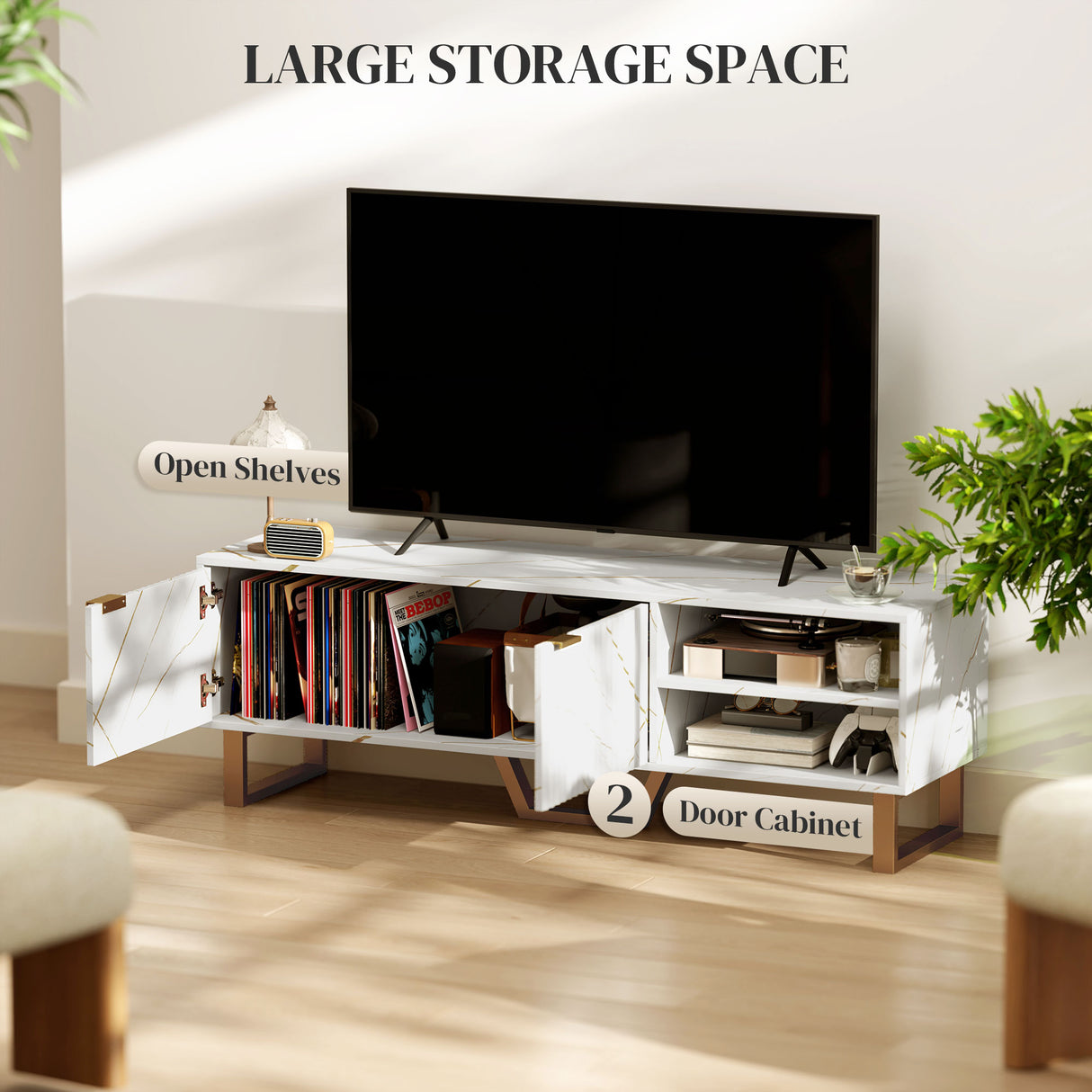 Particle Board TV Stand 140cm Wide With 2 Doors And Gold Legs - Velmora