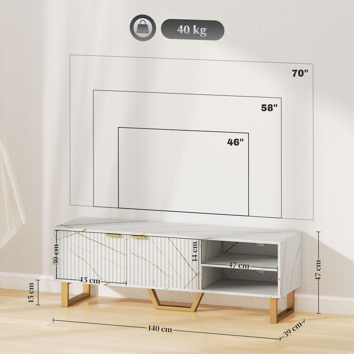 Particle Board TV Stand 140cm Wide With 2 Doors And Gold Legs - Velmora