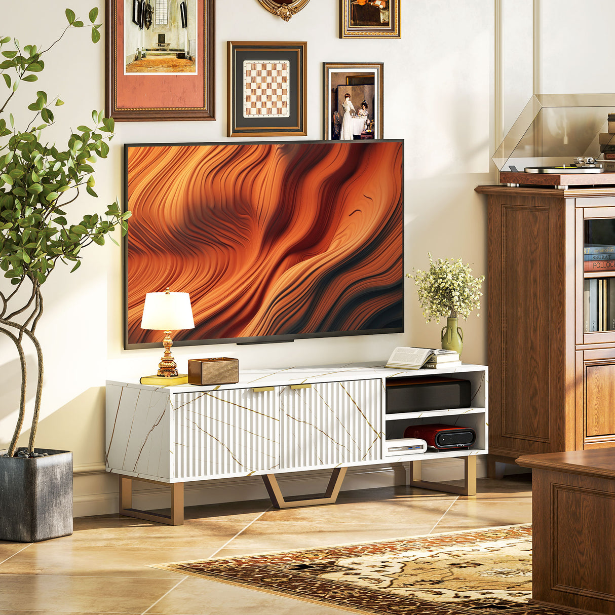 Particle Board TV Stand 140cm Wide With 2 Doors And Gold Legs - Velmora