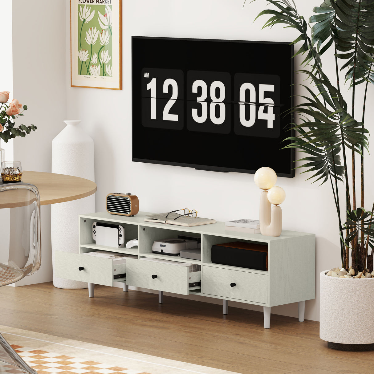 Wooden TV Stand 140cm Wide With 3 Drawers - Velmora
