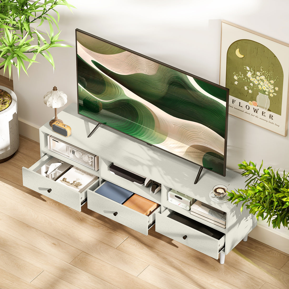 Wooden TV Stand 140cm Wide With 3 Drawers - Velmora