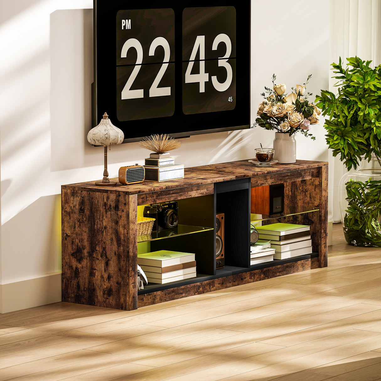 Particle Board TV Stand 140cm Wide With LED Lights - Velmora