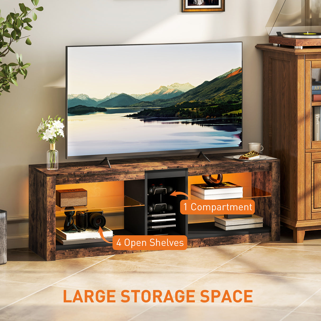 Particle Board TV Stand 140cm Wide With LED Lights - Velmora