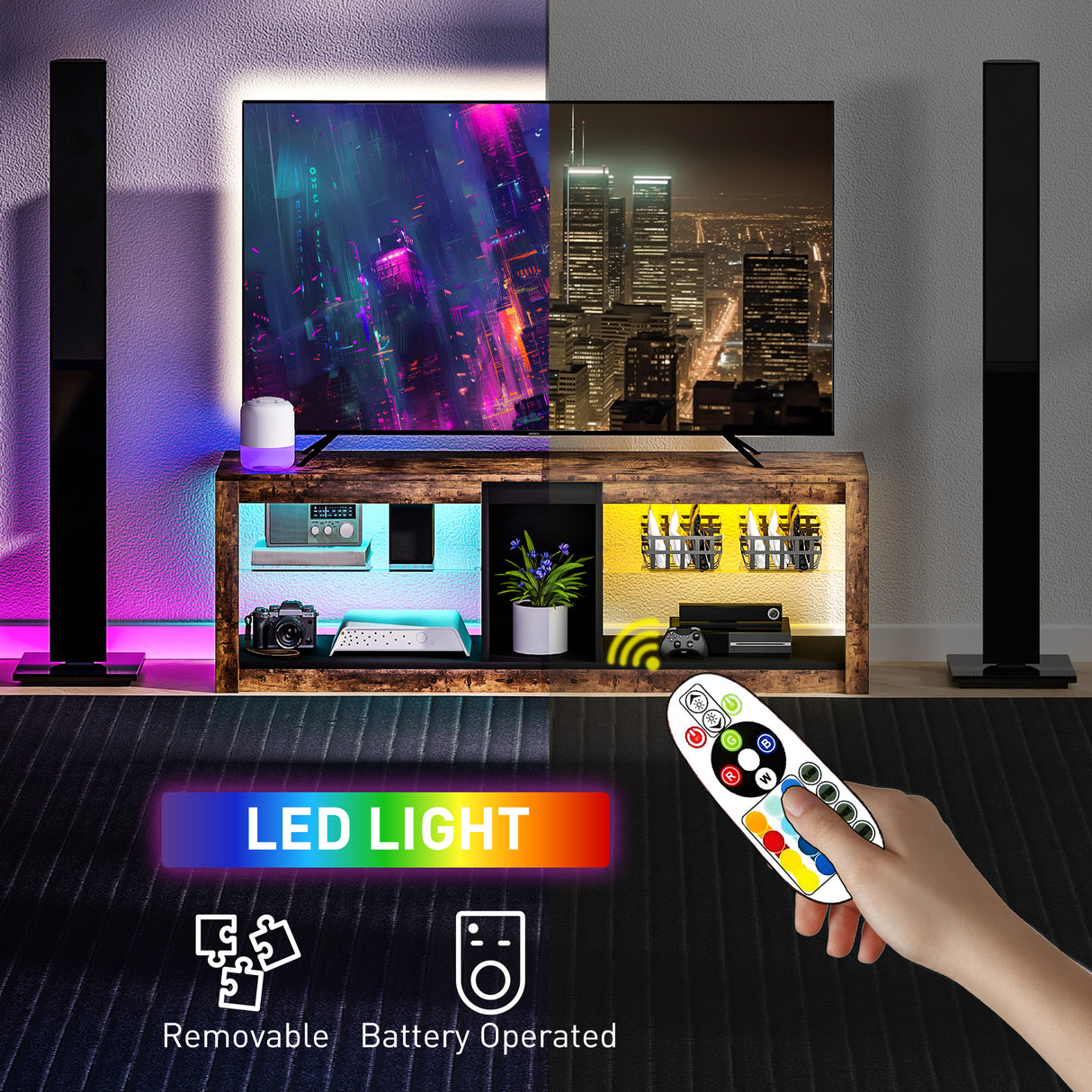 Particle Board TV Stand 140cm Wide With LED Lights - Velmora