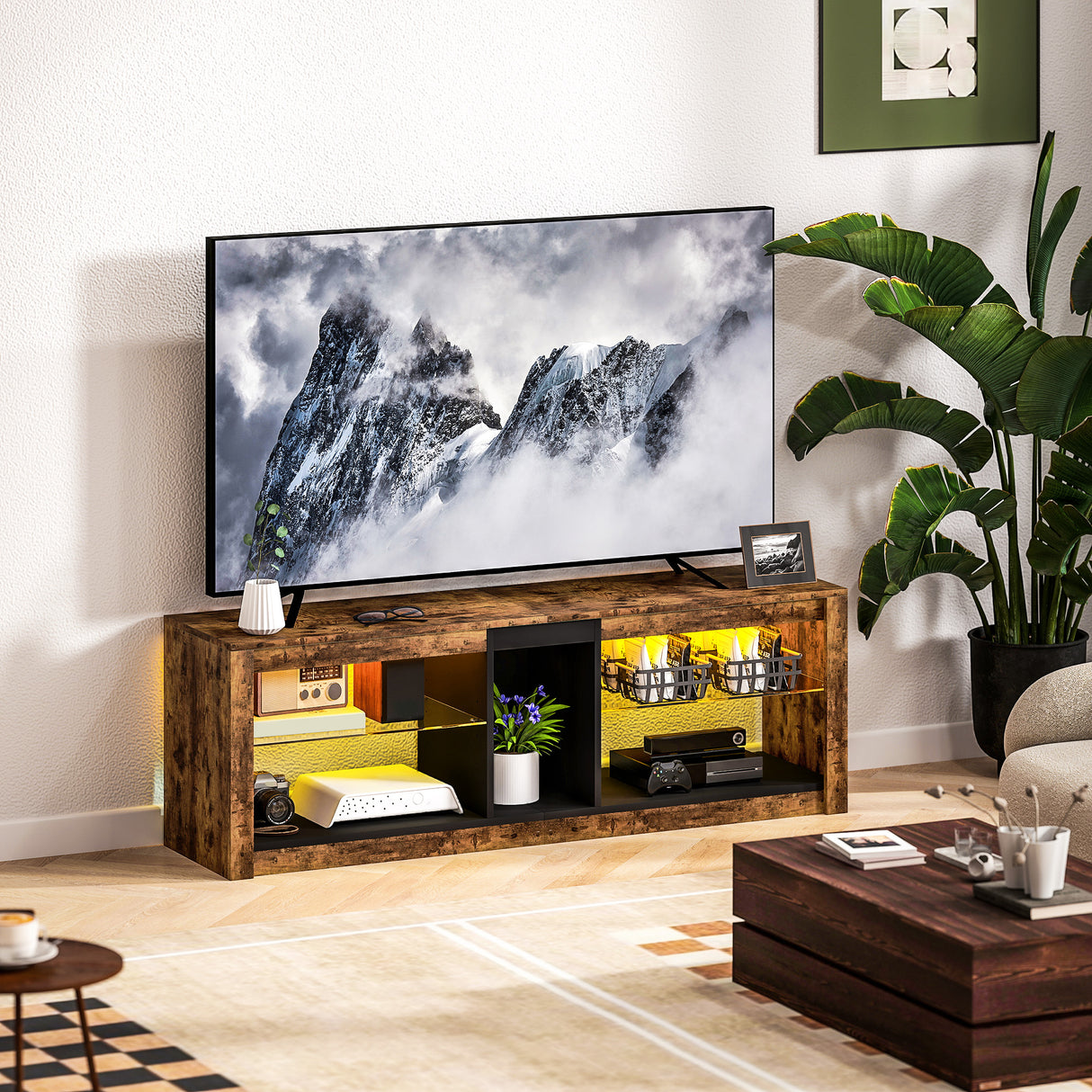 Particle Board TV Stand 140cm Wide With LED Lights - Velmora