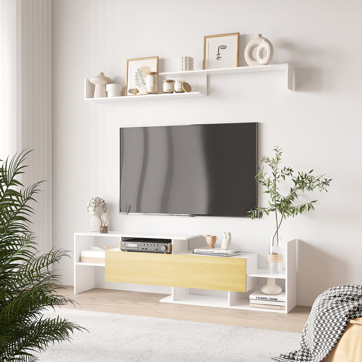 Wooden TV Stand 153.6cm Wide With Wall Shelf - Velmora