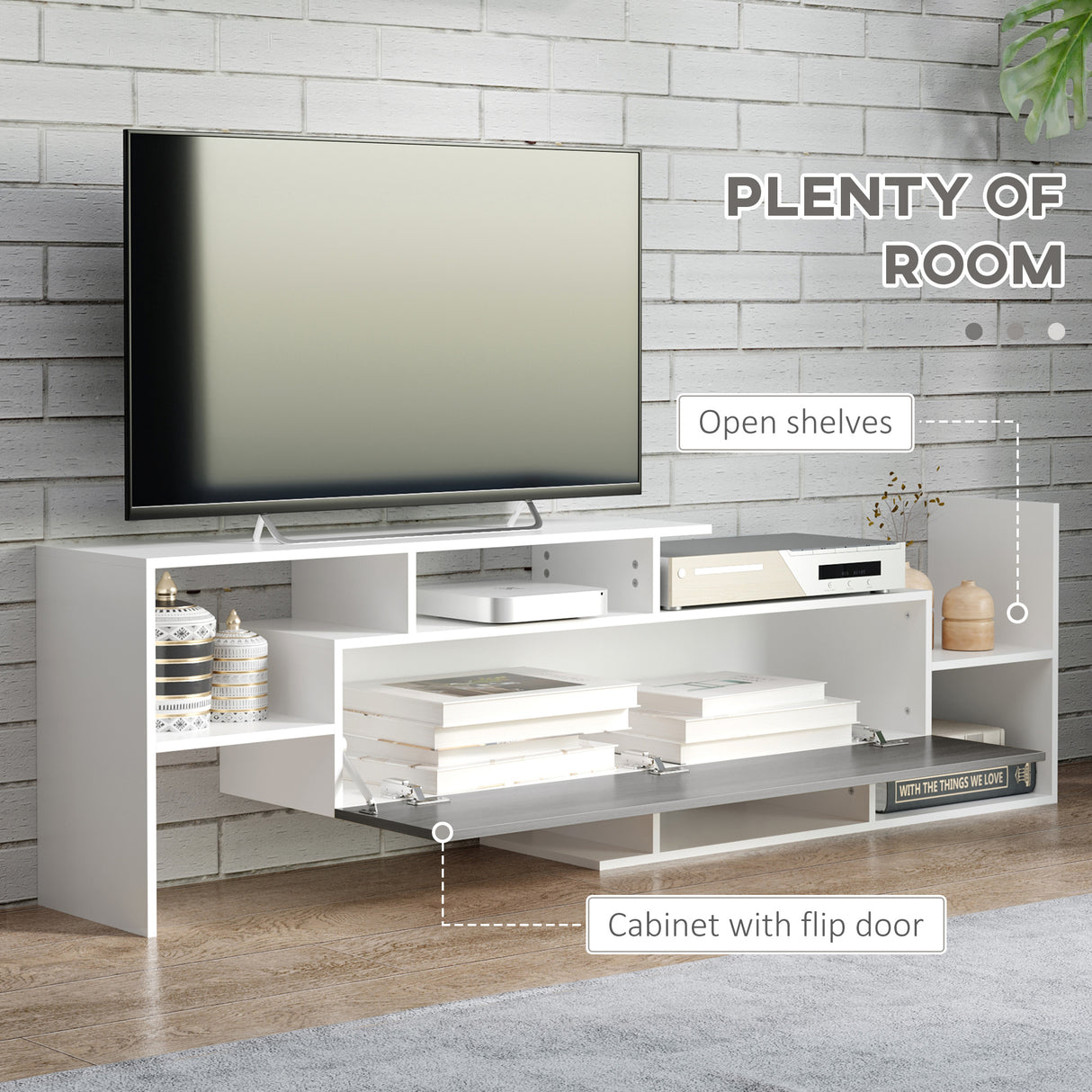 Wooden TV Stand 153.6cm Wide With Wall Shelf - Velmora