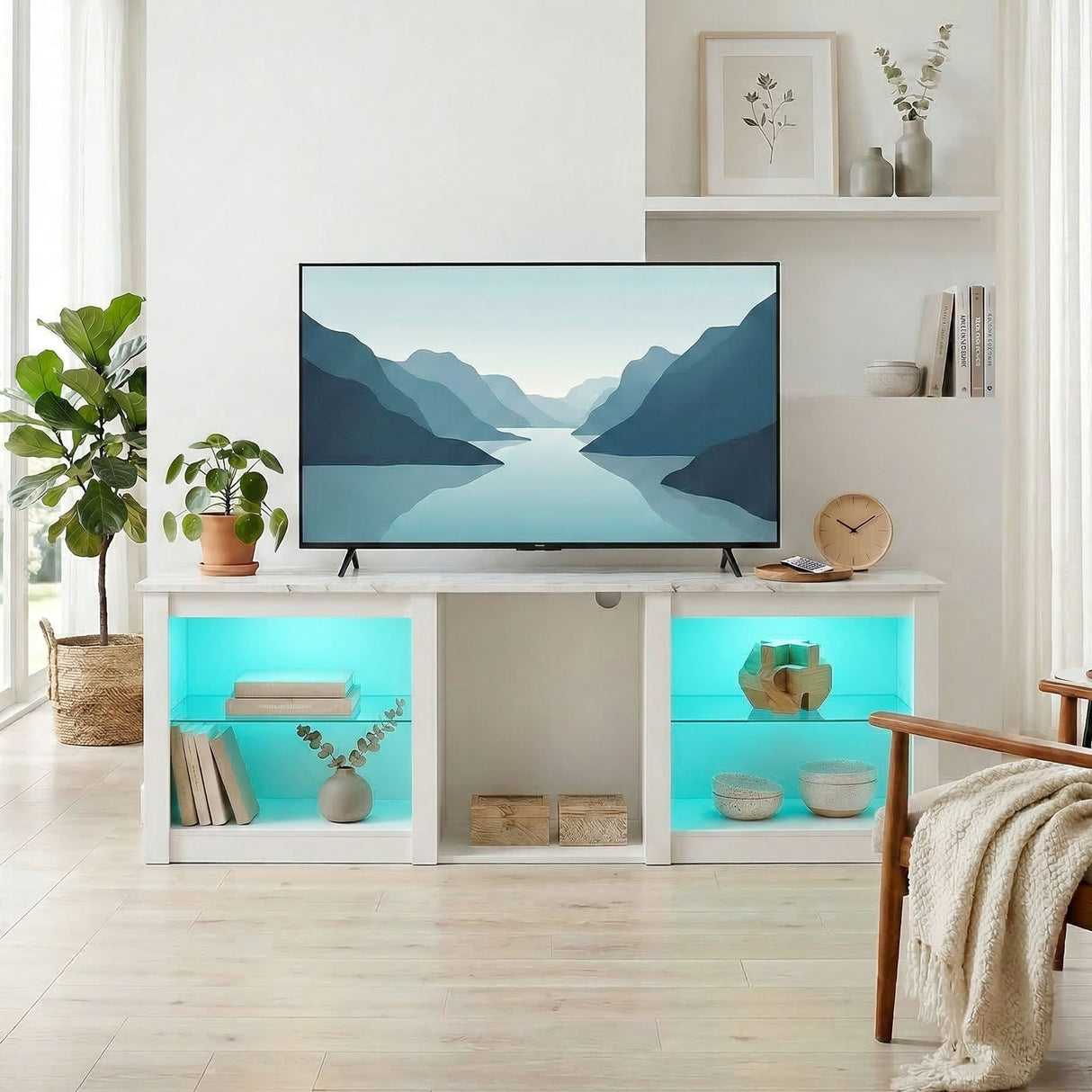 Wooden TV Stand 160cm Wide With LED Lights - Velmora