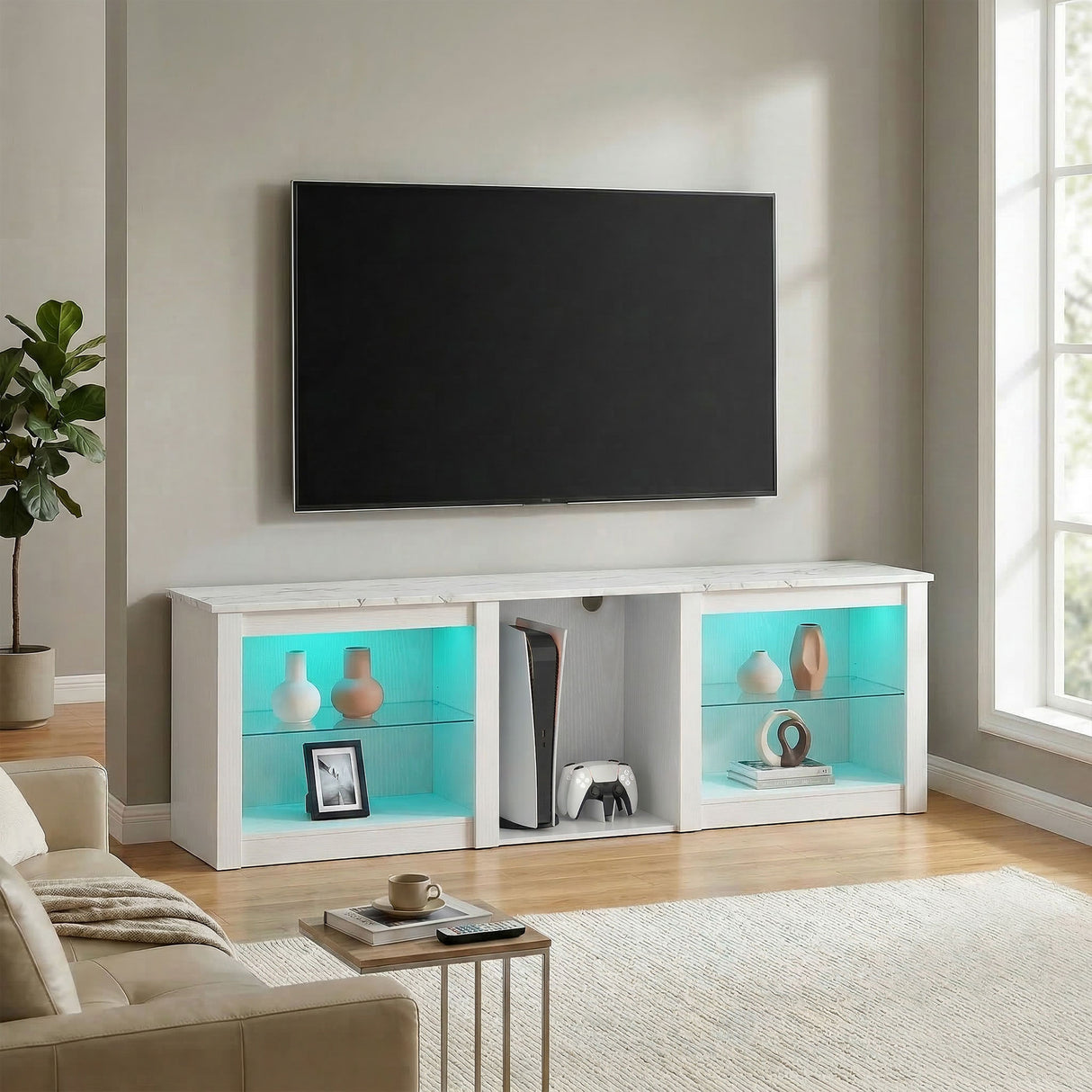 Wooden TV Stand 160cm Wide With LED Lights - Velmora