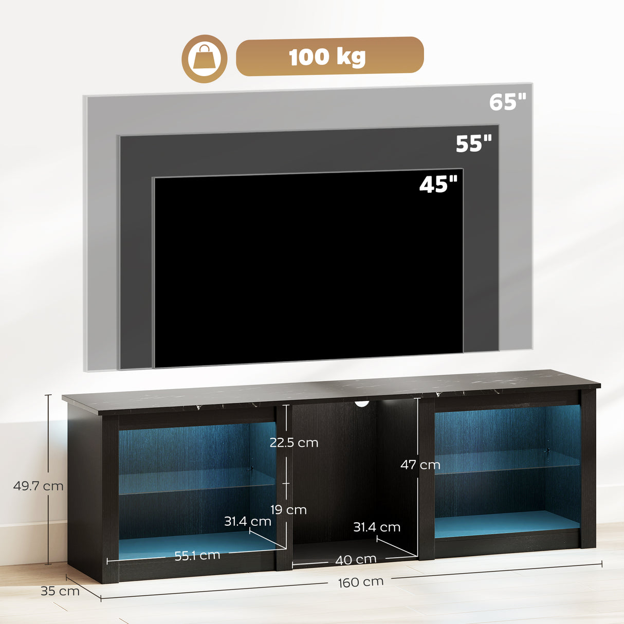 Wooden TV Stand 160cm Wide With LED Lights - Velmora