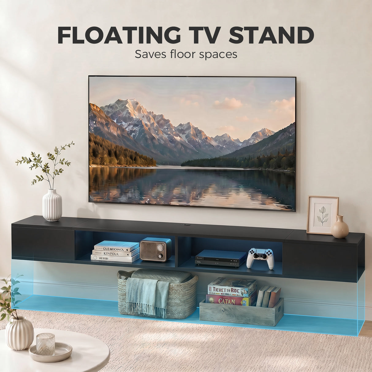 Wooden TV Stand 177.7cm Wide Wall Mounted With LED Lights - Velmora