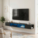 Wooden TV Stand 177.7cm Wide Wall Mounted With LED Lights - Velmora