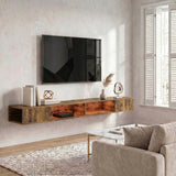 Wooden TV Stand 177.7cm Wide Wall Mounted With LED Lights - Velmora