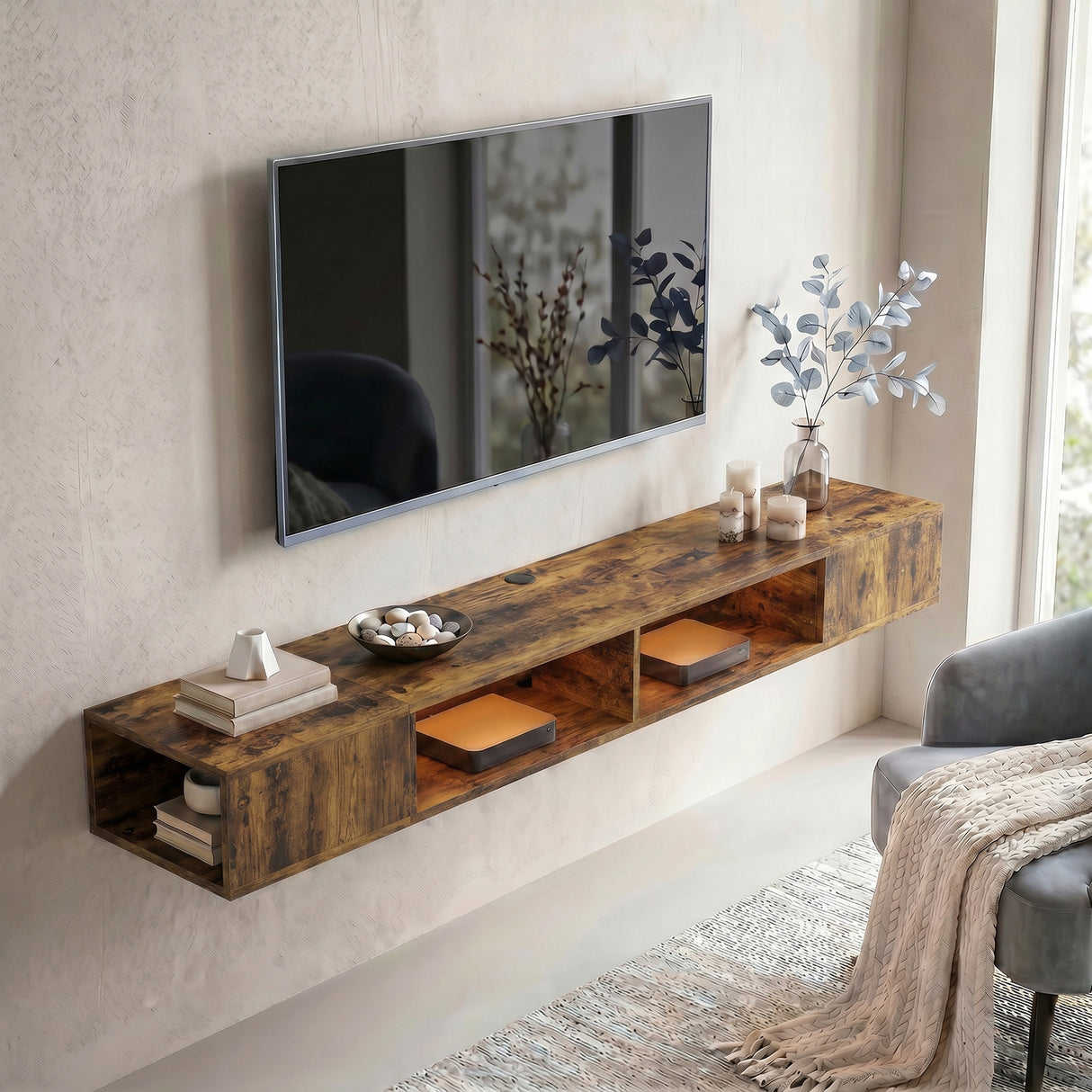 Wooden TV Stand 177.7cm Wide Wall Mounted With LED Lights - Velmora