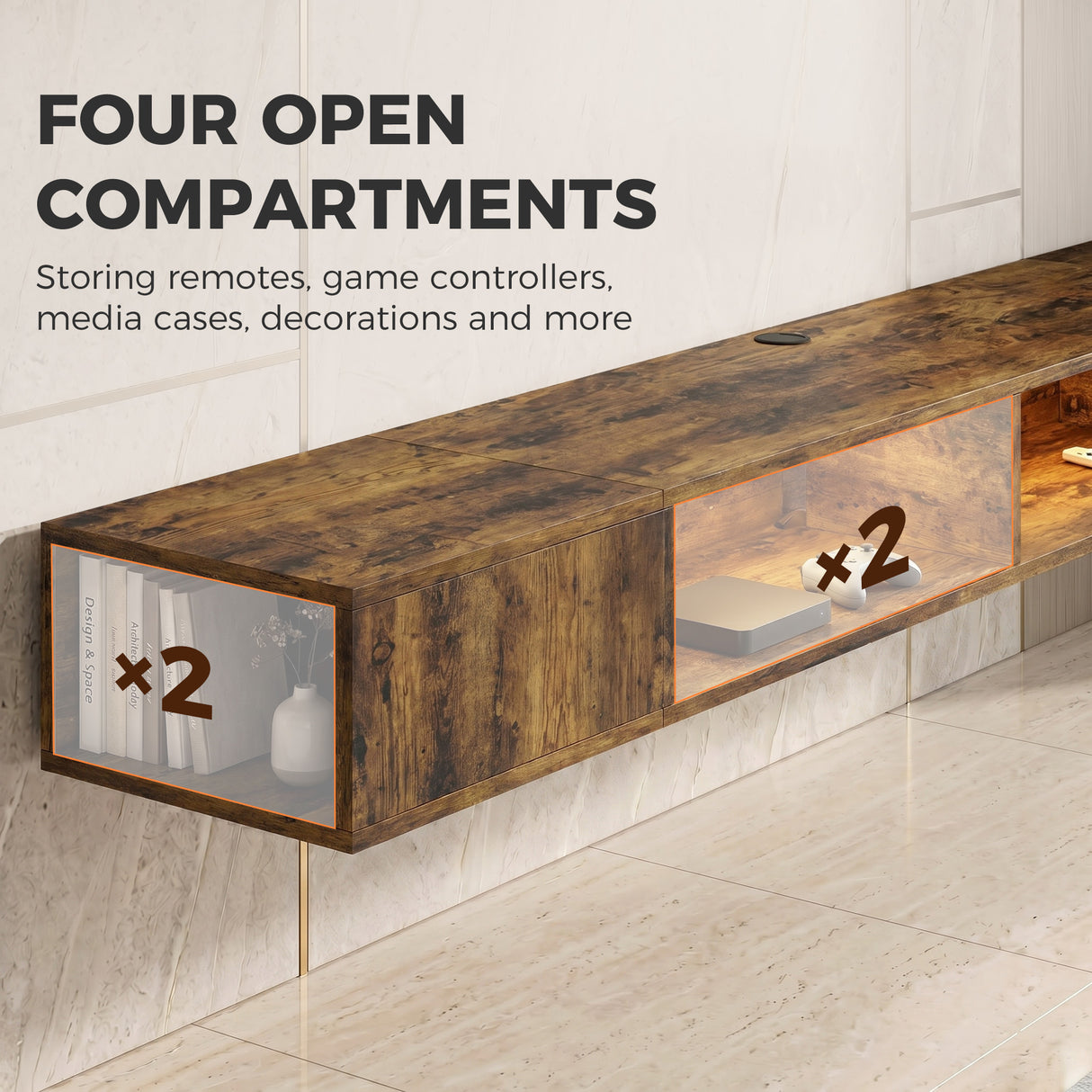 Wooden TV Stand 177.7cm Wide Wall Mounted With LED Lights - Velmora