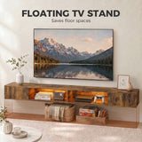 Wooden TV Stand 177.7cm Wide Wall Mounted With LED Lights - Velmora