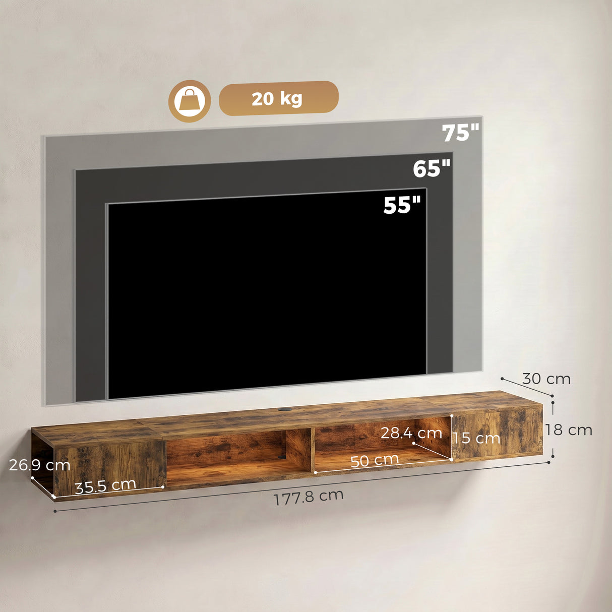 Wooden TV Stand 177.7cm Wide Wall Mounted With LED Lights - Velmora