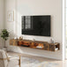 Wooden TV Stand 177.7cm Wide Wall Mounted With LED Lights - Velmora