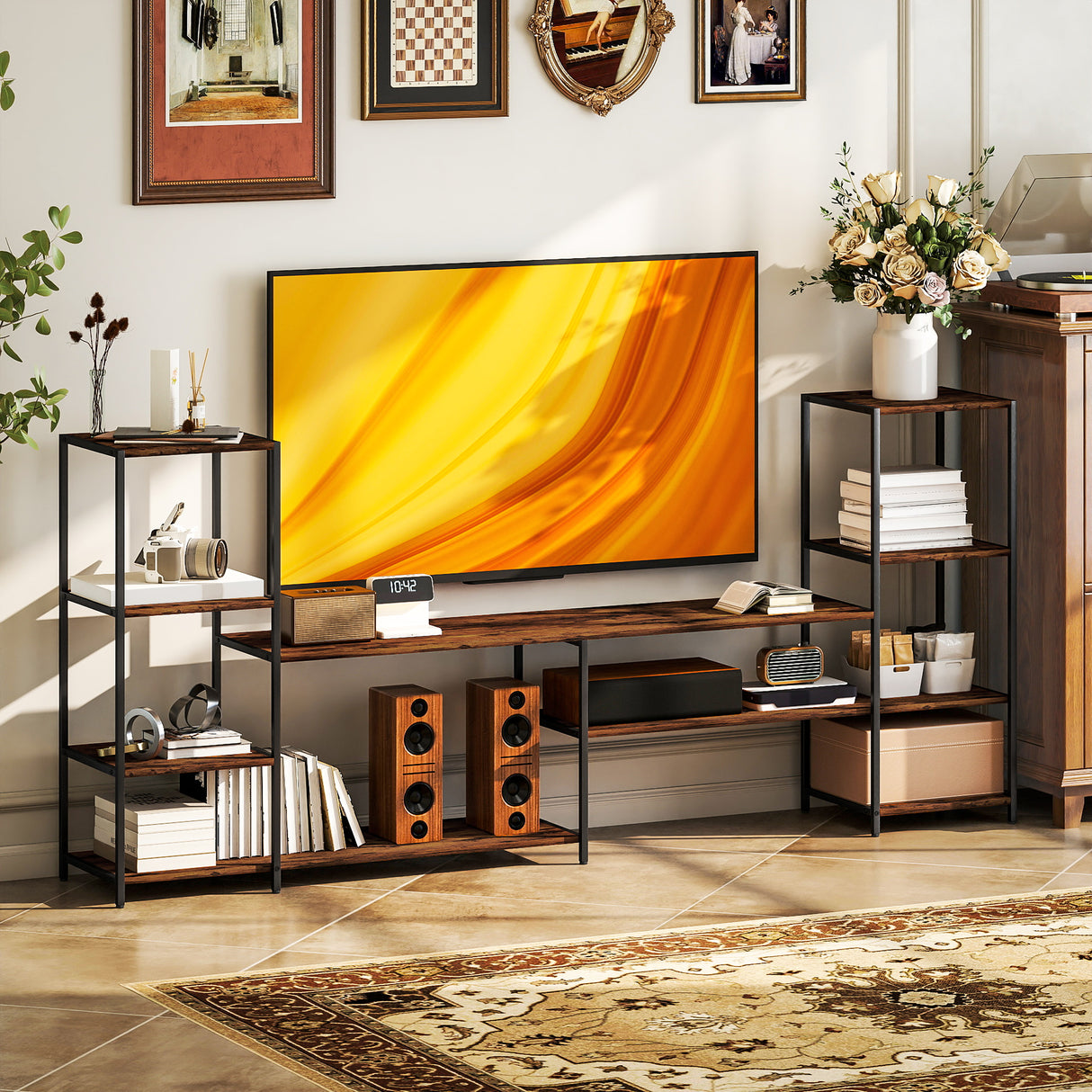 Wooden TV Stand 212cm Wide With Steel Frame - Velmora