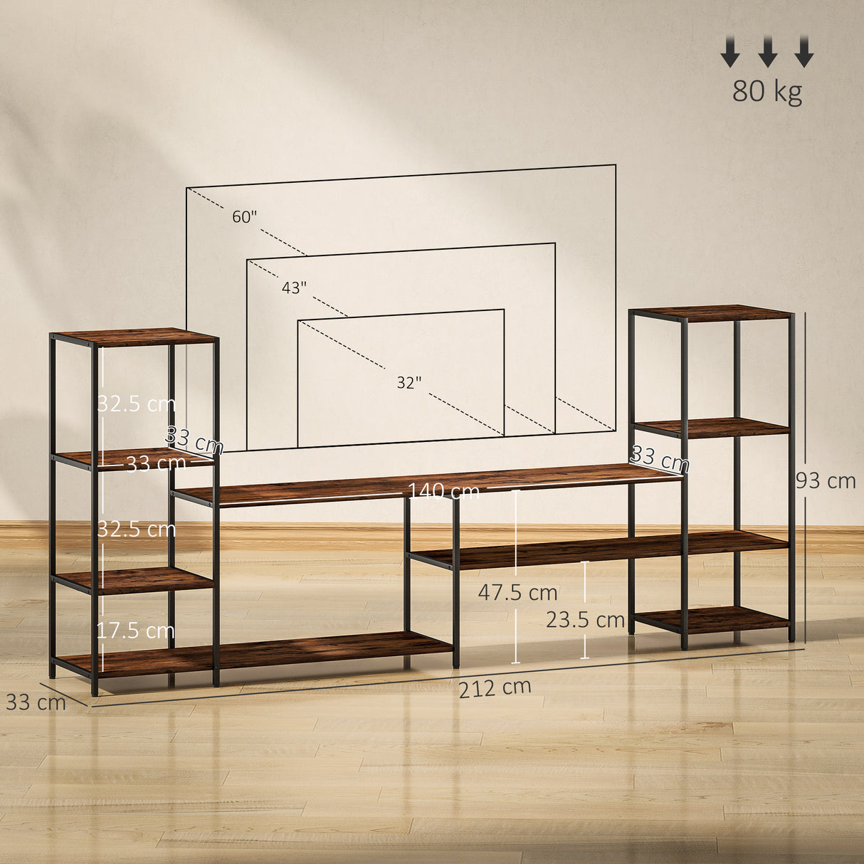 Wooden TV Stand 212cm Wide With Steel Frame - Velmora