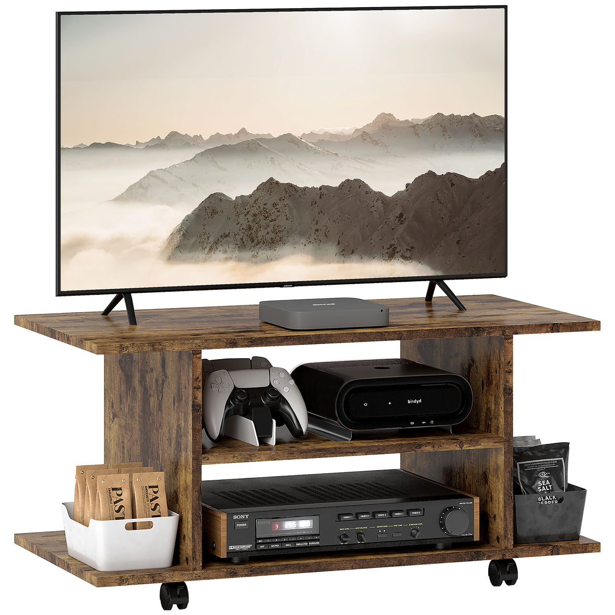 Wooden TV Stand 80cm Wide With Bookshelf - Velmora