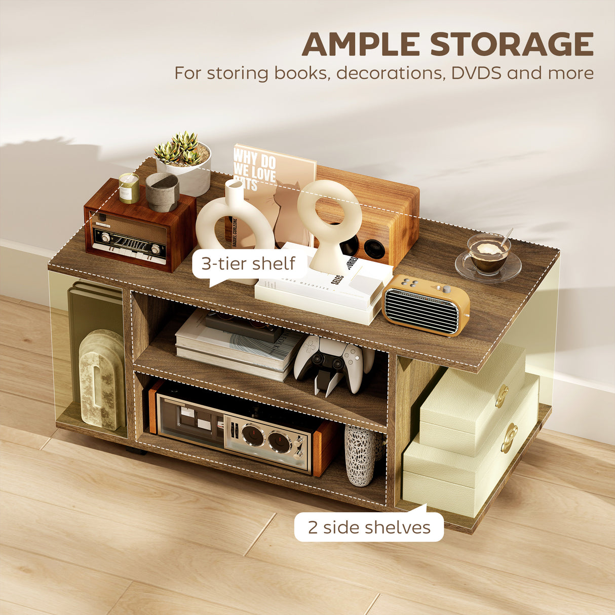 Wooden TV Stand 80cm Wide With Bookshelf - Velmora
