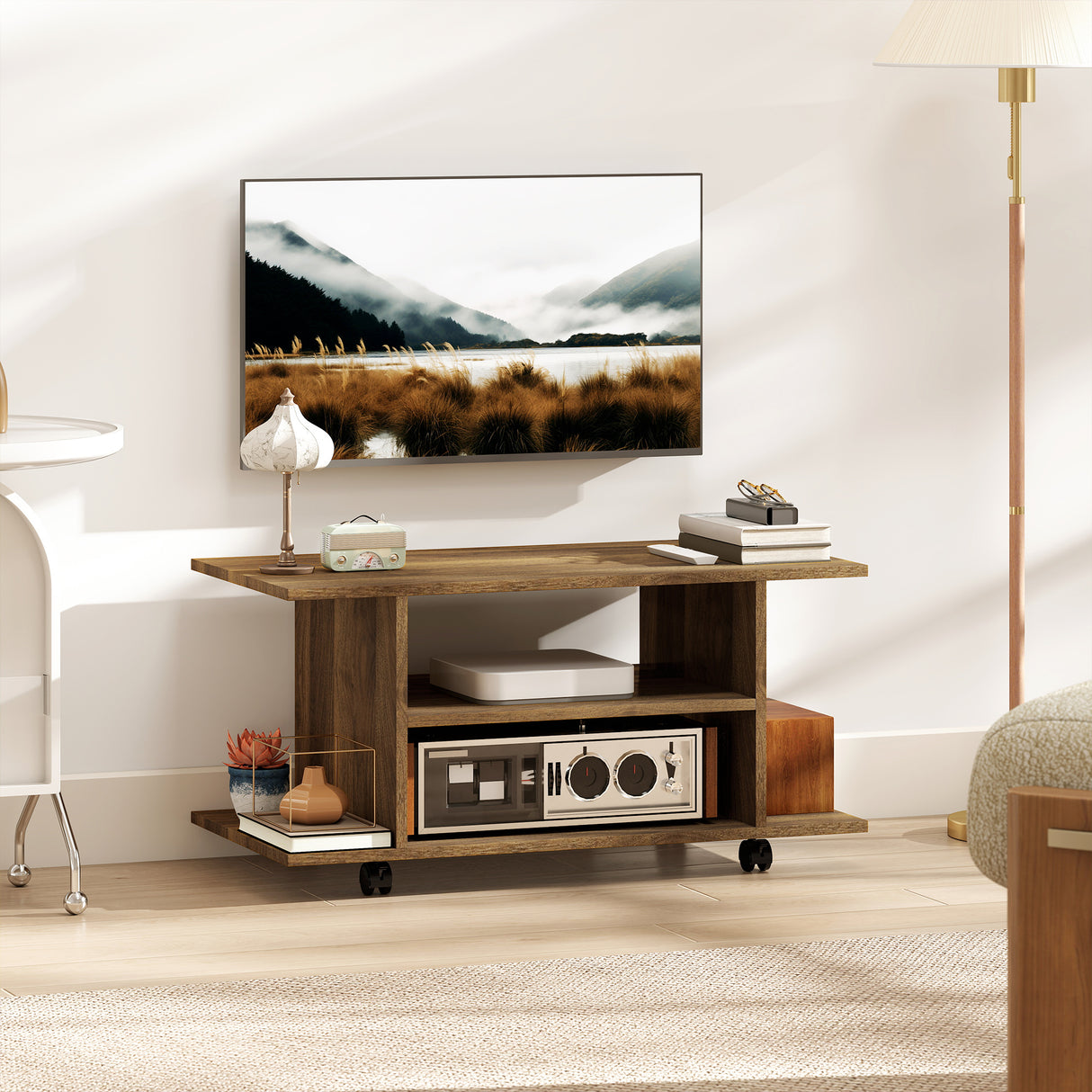 Wooden TV Stand 80cm Wide With Bookshelf - Velmora
