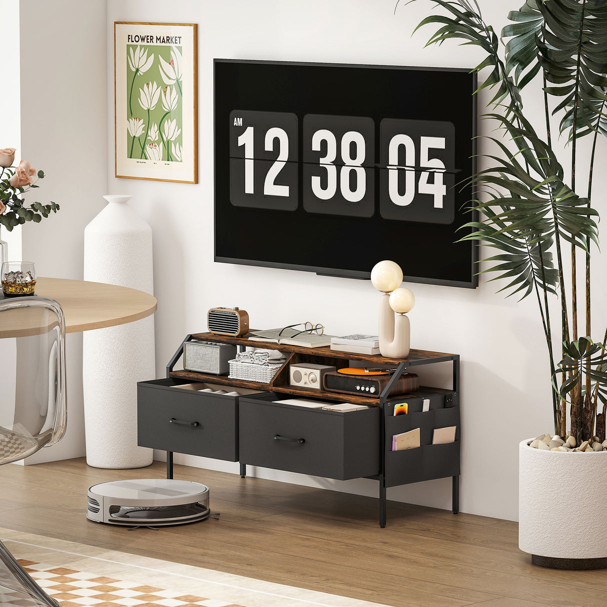 Wooden TV Stand 98cm Wide With 2 Drawers And Metal Frame - Velmora