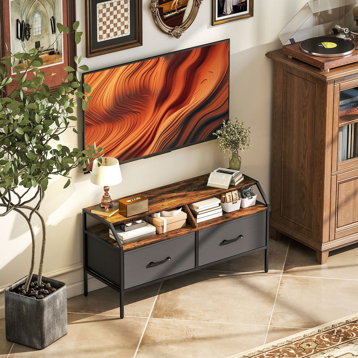 Wooden TV Stand 98cm Wide With 2 Drawers And Metal Frame - Velmora