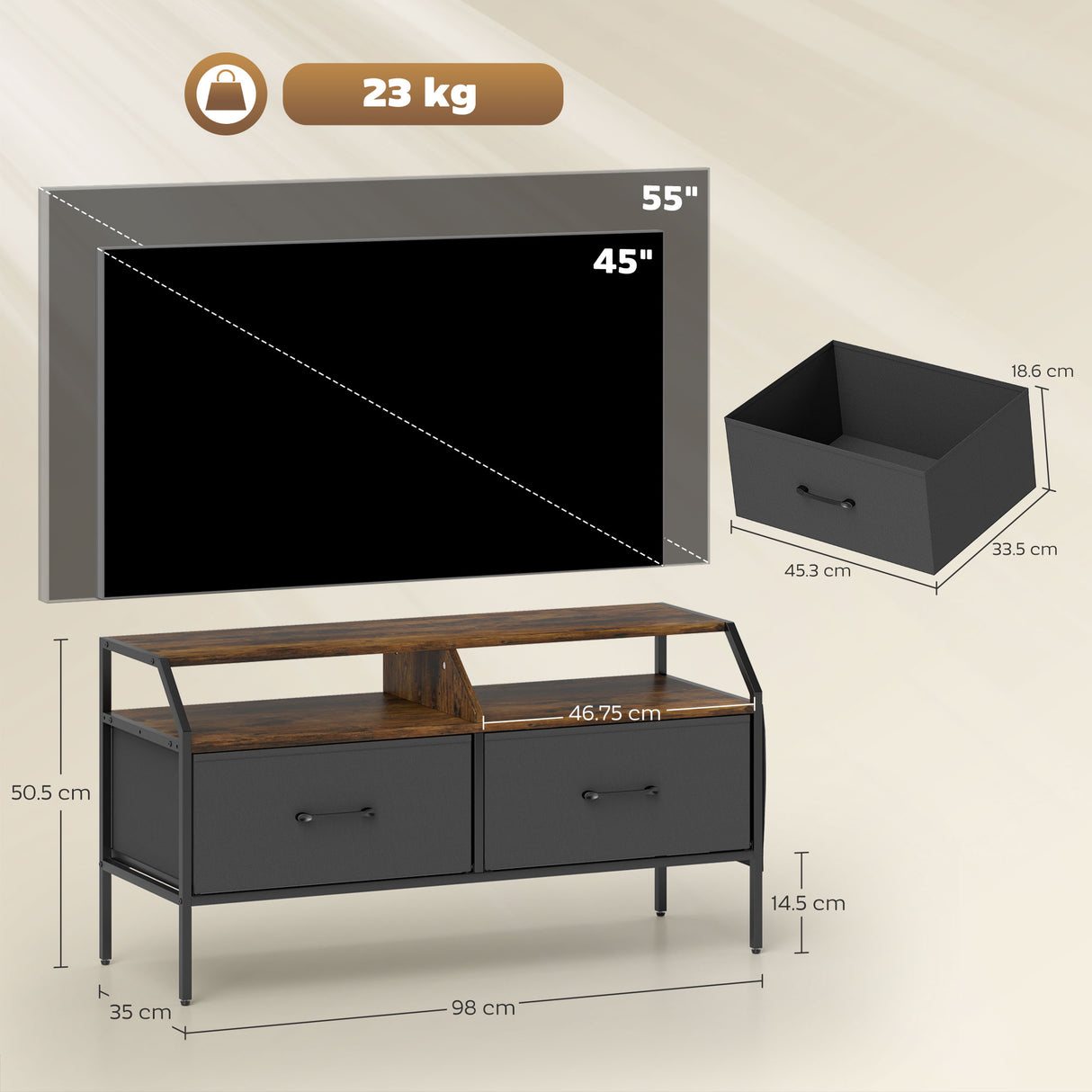 Wooden TV Stand 98cm Wide With 2 Drawers And Metal Frame - Velmora