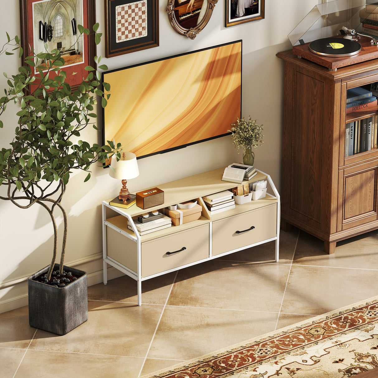 Wooden TV Stand 98cm Wide With 2 Drawers And Metal Frame - Velmora