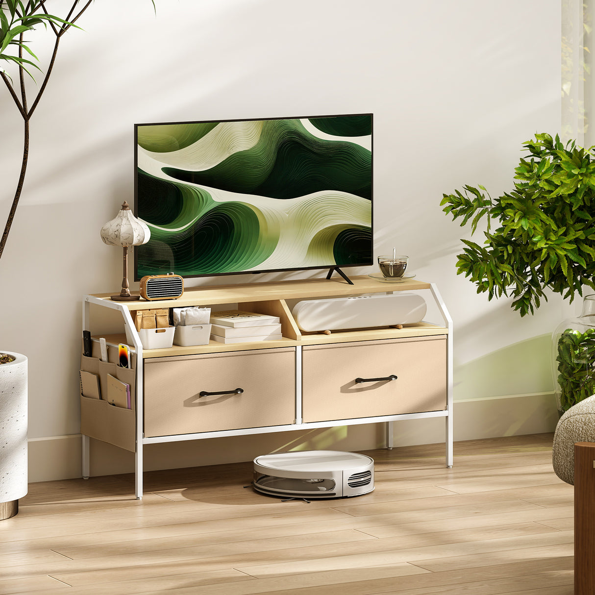 Wooden TV Stand 98cm Wide With 2 Drawers And Metal Frame - Velmora
