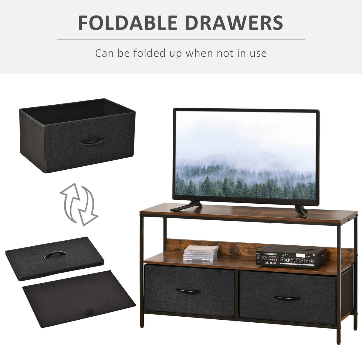 Particle Board TV Stand 98cm Wide With 2 Foldable Drawers - Velmora