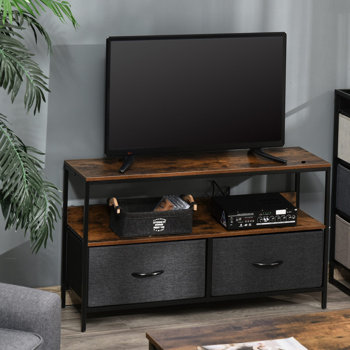 Particle Board TV Stand 98cm Wide With 2 Foldable Drawers - Velmora