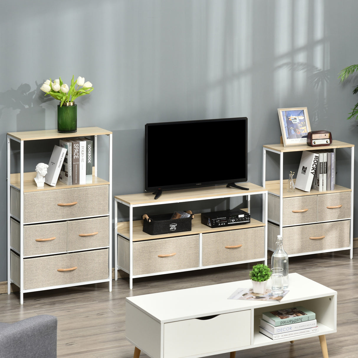 Particle Board TV Stand 98cm Wide With 2 Foldable Drawers - Velmora