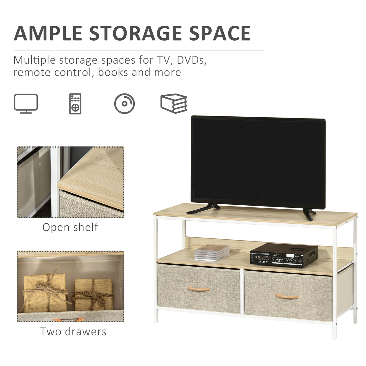 Particle Board TV Stand 98cm Wide With 2 Foldable Drawers - Velmora