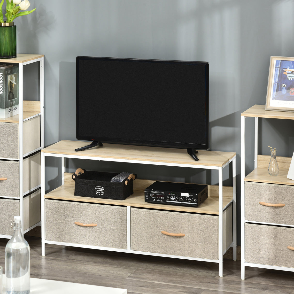 Particle Board TV Stand 98cm Wide With 2 Foldable Drawers - Velmora