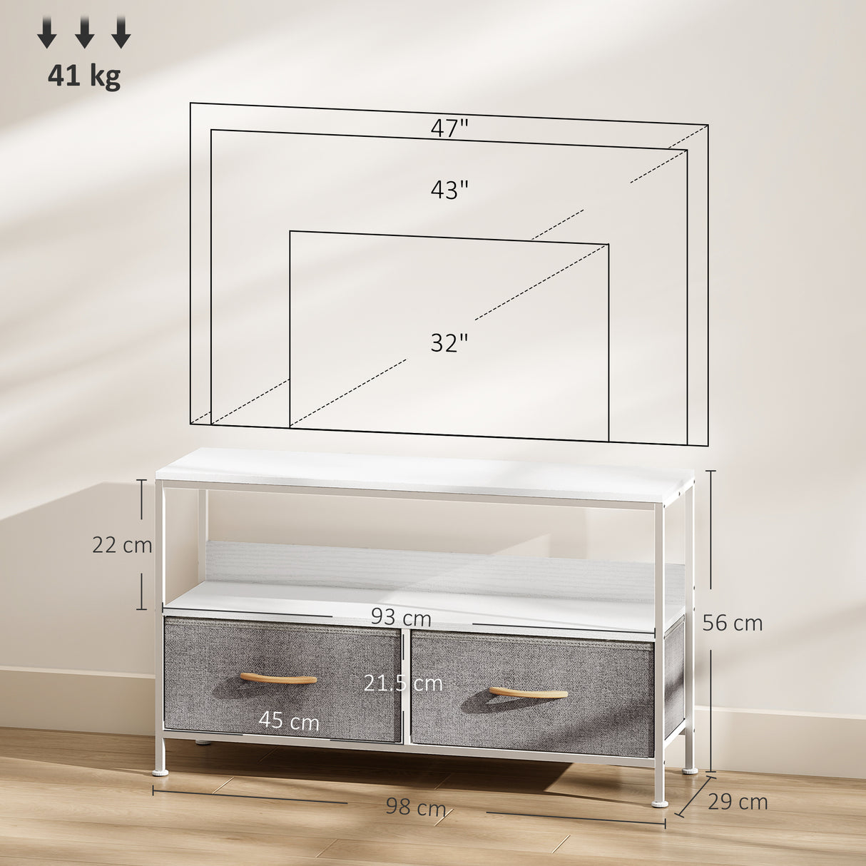 Particle Board TV Stand 98cm Wide With 2 Foldable Drawers - Velmora